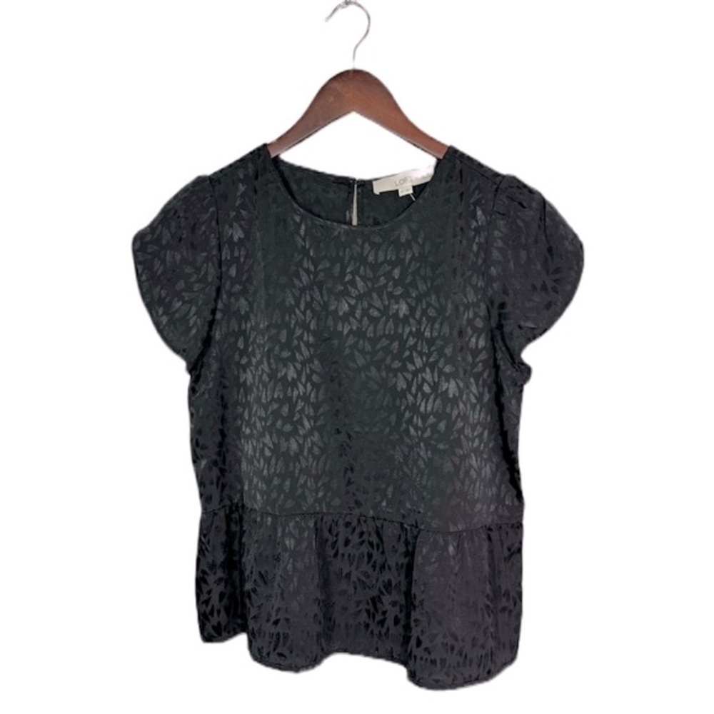 Loft Women’s Flowy Black Heart Peplum Blouse Pullover Short Sleeve Size S NWT